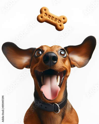 Funny dog, dachshund catching a biscuit treat, flying through the air, white background