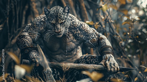 A photograph of a large, muscular humanoid lynx, an eldritch, cursed, barbaric panther, covered in tribal markings and hunting weapons.