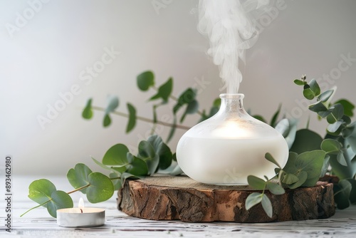 Diffuseur de vapeur avec eucalyptus et bougie sur table en bois