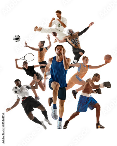 Vertical creative collage. Dynamic image of men and women, athletes of different sport in motion showing skills and determination isolated on white background. Sport, competition, tournament concept