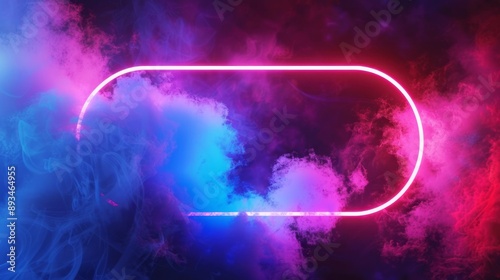 Abstract neon background with glowing oval shape and spinning cloud. Blank geometric frame