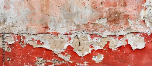 Old weathered cement wall with red paint peeling off, cracks, and a copy space image.