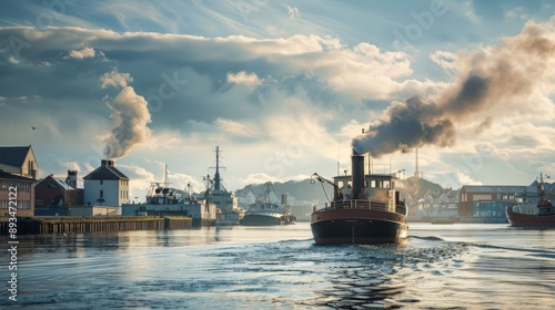 A vintage steamboat cruising along a misty river with dense forest on both sides, serene setting with calm waters and foggy atmosphere, Classic style