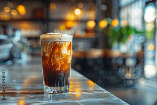 Artistic shot of nitro cold brew coffee cascading in a glass at a bar, Concept of artisanal drinks and cafe culture