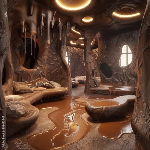 surrealist chocolatethemed room with melting walls and floating furniture warm lighting creates a dreamlike indulgent atmosphere