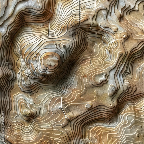 topographic terrain map with intricate contour lines trail markers and geographic relief details muted earth tones precise gridlines cartographic aesthetics