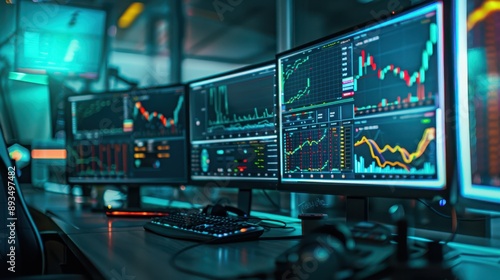 A close-up photograph from behind of trading monitors displaying stock market graphs, vibrant and dynamic charts, multiple screens