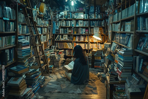 A solitary figure immersed in reading amidst the stacks of a quaint bookshop, concept of escapism and literary adventure