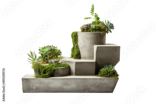 tiered concrete planter with multiple levels for displaying a variety of plants. Isolated on white background.