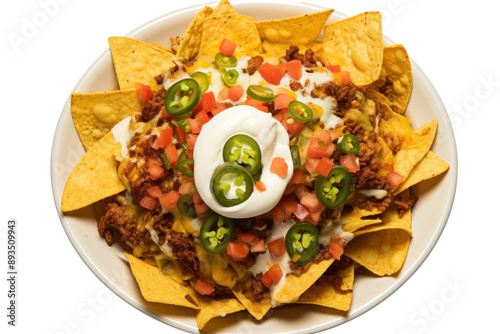 tempting close-up of a cheesy nachos platter, with crispy tortilla chips, melted cheese,