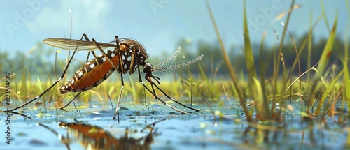 Illustration of a mosquito near a swamp with ample copy space, vibrant colors, and professional design