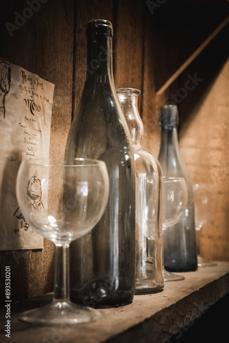 Antique bottles and glasses on a shelf in a wine cellar.