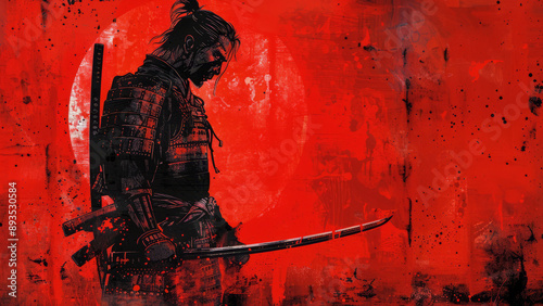 Drawing of Japanese Samurai on Red Background