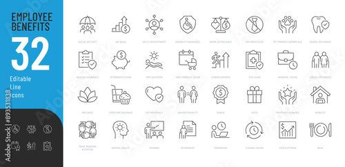 Employee Benefits Line Editable Icons set. Vector illustration in modern thin line style of business related icons: bonuses, paid leave, maternity leave, pension, and more. Pictograms and infographic