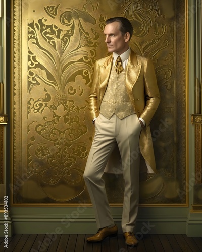 Man in a golden silk suit, with a shiny gold background patterned wallpaper wall. Wedding groom.