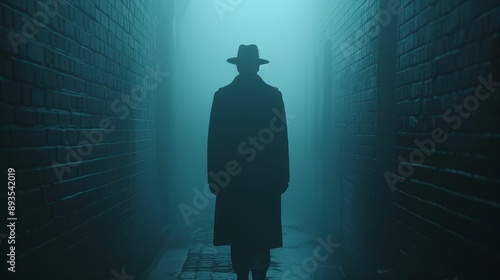 Dark, foggy alleyway with a mysterious figure, eerie, suspense