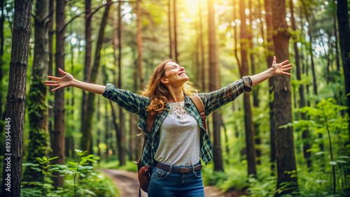 Sustainable eco friendly fashion clothes woman feeling free with open arms in woods forest happy breating clean air Travel tourist girl walking in natural healthy environment renewable resource