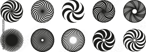 Set of minimalist concentric circle logo. Optical illusion with striped lines. Abstract shapes. Minimal geometric logo. Vector EPS 10