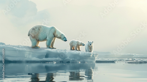 A family of polar bears on an ice floe.