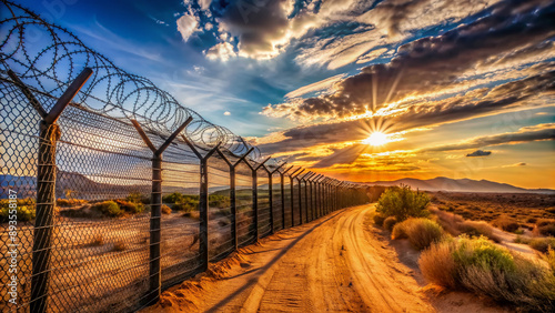 Rugged barbed and razor wire fence stretches across desert landscape, ominous silhouette against blue sky, securing state border from unwanted migration and illegal entry.