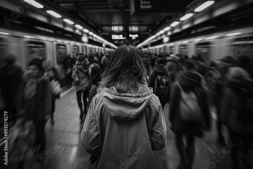 A person in a coat walks through a busy black-and-white subway station, encapsulating the rush and anonymity of urban life, and the ephemeral connections we make.