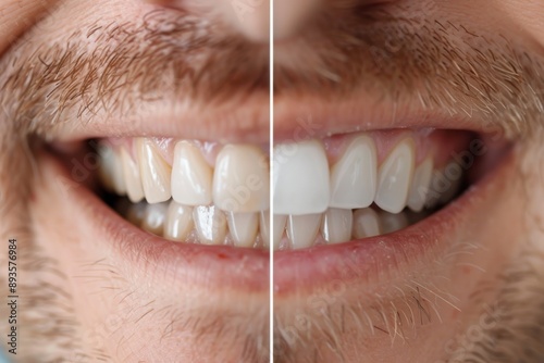 A photograph showing a man's smile from a side view, contrasting whitened teeth on one side with natural teeth on the other, demonstrating the effectiveness of dental whitening.