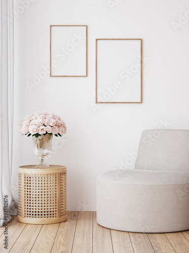 Mock up frame in home interior background, cozy bedroom with natural rattan furniture, 3d render