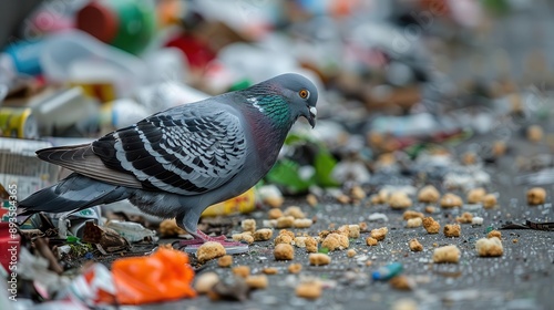 A pigeon pecking at crumbs on a garbage-strewn sidewalk, Wild animal in garbage, Urban birds and litter