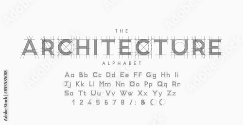 Architectural project font, technical draw style alphabet. Geometrical typography. Wireframe letters, typographic design with draft strokes for architecture logo and headline. Isolated vector typeset