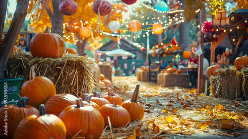 Colorful autumn festival scene with pumpkins, hay bales, and festive decorations, capturing the essence of fall celebrations.