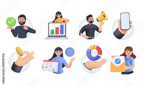 Business and Marketing illustrations. Success work, business planning, graphics analytics and marketing concept. Collection of scenes with men and women taking part in business activities. 3D style