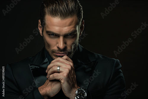 handsome young man , modern mafia , wearing an expensive black suit and looking at the camera with piercing gaze ,muscular body . The background is a dark . fictional character