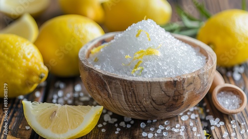 Citric acid, also known as lemon salt, presented on a wooden background, either in a wooden bowl or loose