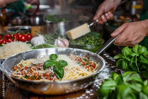 A chef diligently prepares a skillet of spaghetti, garnished with fresh basil and freshly grated parmesan cheese in a lively kitchen setting with tomatoes and garlic.