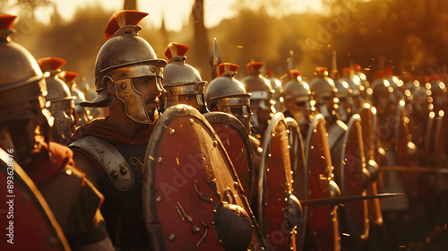 Roman legionaries in formation on ancient battlefield reenactment