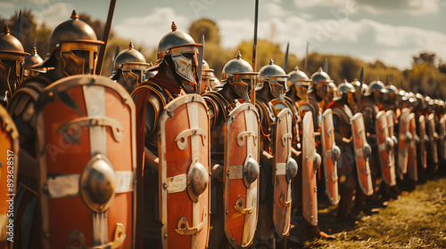 Roman legionaries in formation on ancient battlefield reenactment