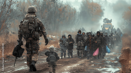 Soldier escorting refugees to safe zone during humanitarian mission