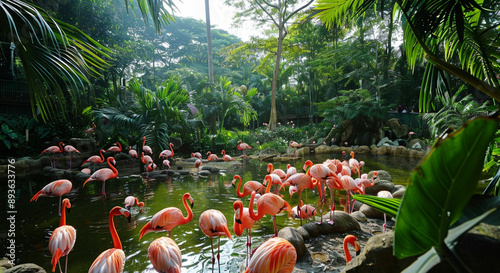 Flamingo Island within Crimson Wetland, an aviary at Bird Paradise which is located in Mandai, Singapore.