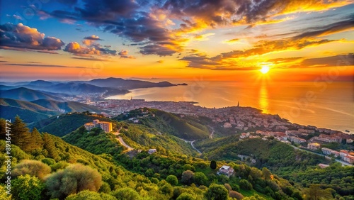 Ligurian sunset seen from Monte Fasce in Genoa, Italy, Italy, sunset, coastline, Monte Fasce, Genoa