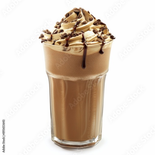 A mocha frappe in a tall glass with whipped cream, sprinkles, and chocolate