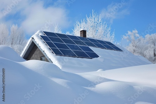 Snow-covered rooftop solar panel in winter