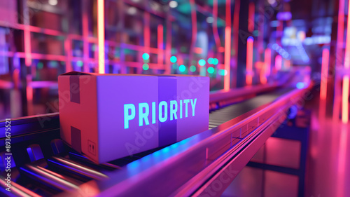 Neon-lit priority package on futuristic conveyor belt in vibrant warehouse setting