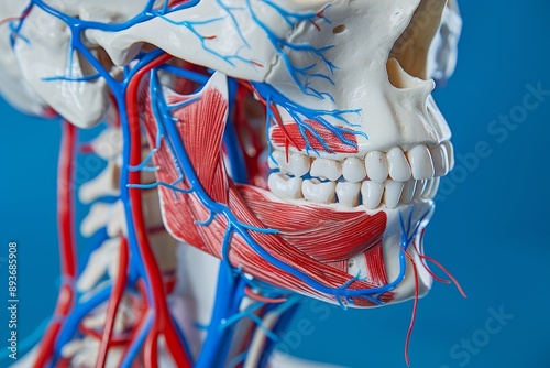 Detailed human skeleton face anatomy with brain, teeth, jaw, and nerves in head and skull structure