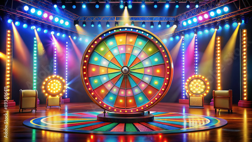 Vibrant game show wheel stands alone on a brightly lit stage, adorned with colorful prizes and tantalizing dare cards, promising thrilling challenges and surprises.