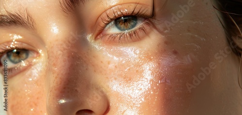 A close-up of a beauty girl's face with flawless skin, showcasing natural makeup and soft, glowing highlights