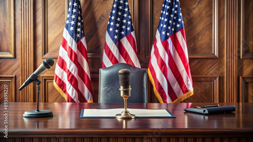 Elegant wooden desk with American flag, microphone, and official documents, symbolizing leadership, power, and responsibility in government and public service.