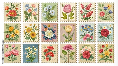 Set of Floral vintage Postage Stamp. Retro Printable post stamp with flowers. Aesthetic cutout Scrapbooking elements for wedding invitations, notebooks, journals, greeting cards, wrapping paper