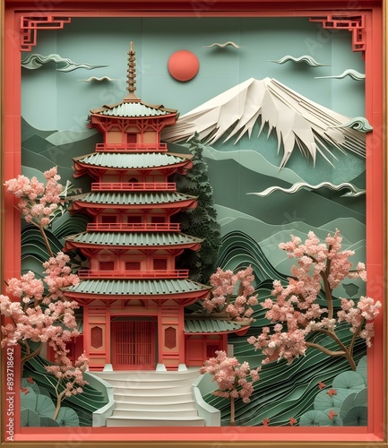 A paper-cut illustration of a traditional Japanese pagoda with cherry blossoms and Mount Fuji in the background