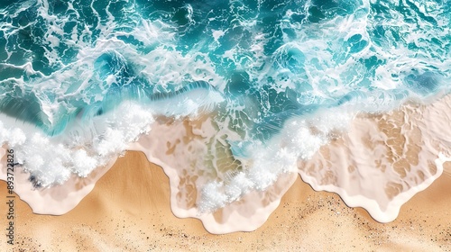 Aerial Shot, Landscape of blue ocean at seashore, tropical beach, white clean sand, ripple white wave foam, no people