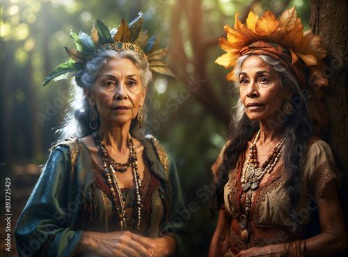 two elder wise magic women guardian of forest wicca with crown made of leaves, spiritual and pagan concept 